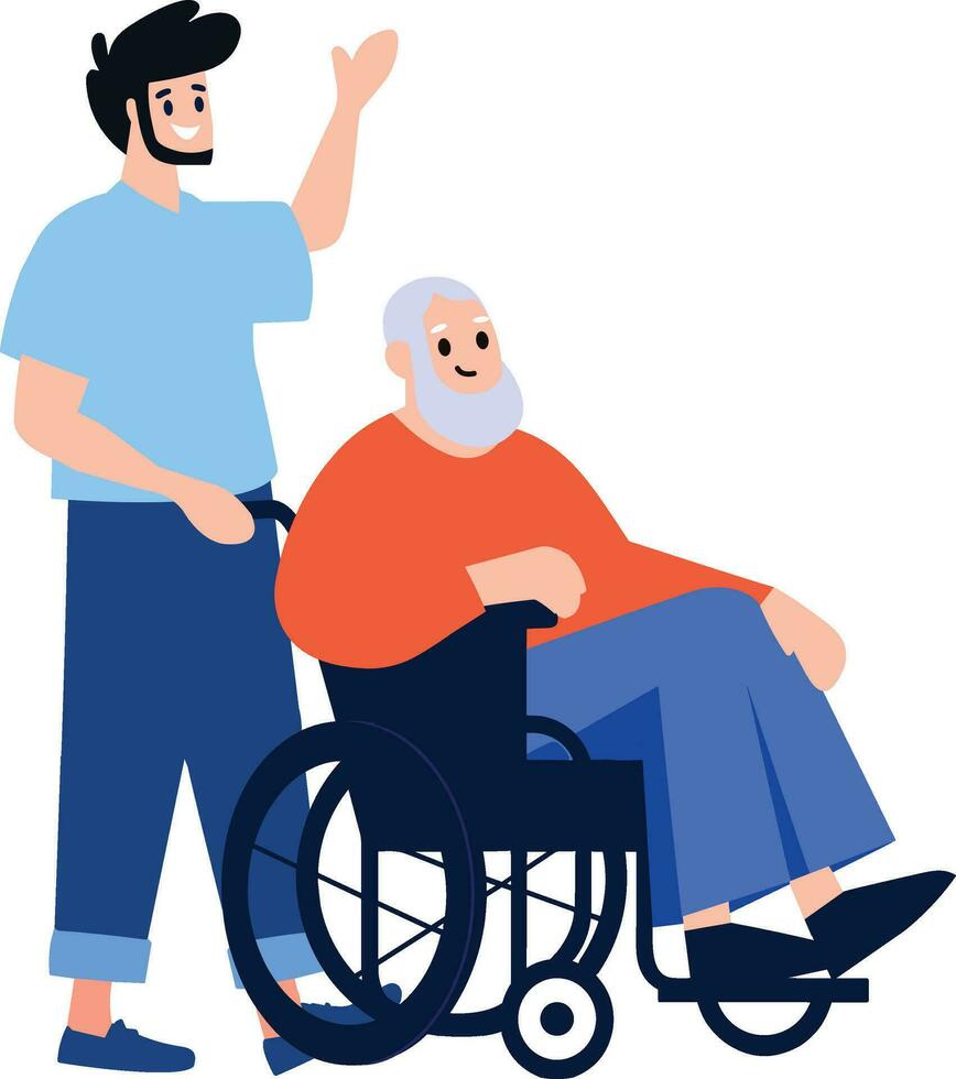 Hand Drawn Elderly person sitting in a wheelchair and child in flat style vector