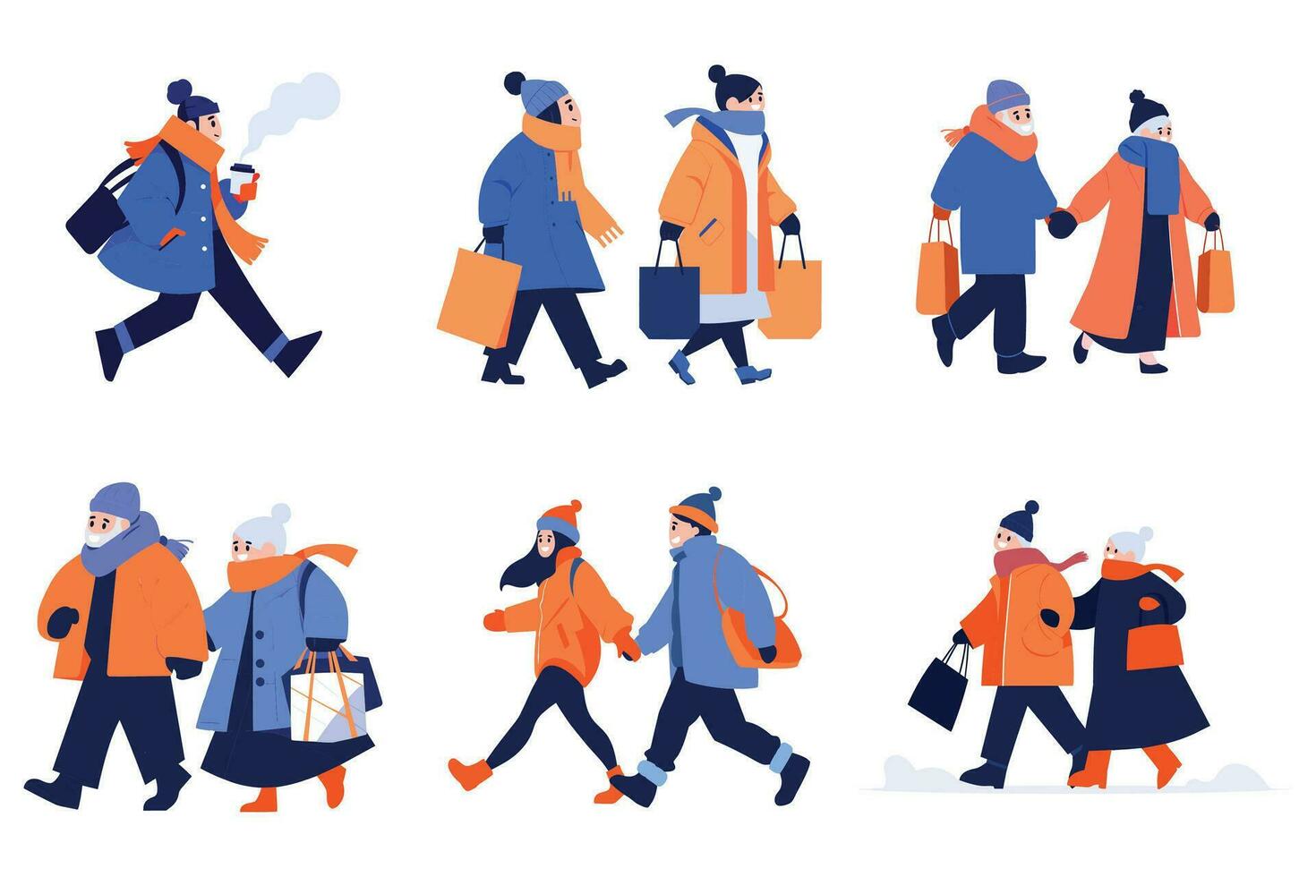 Hand Drawn couple wearing winter clothing walks on a path filled with snow in flat style vector