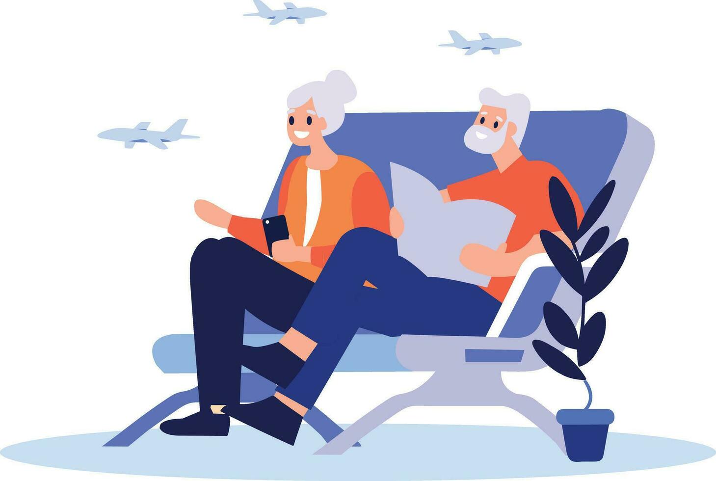 Hand Drawn Elderly couple sitting on a plane to travel in flat style vector