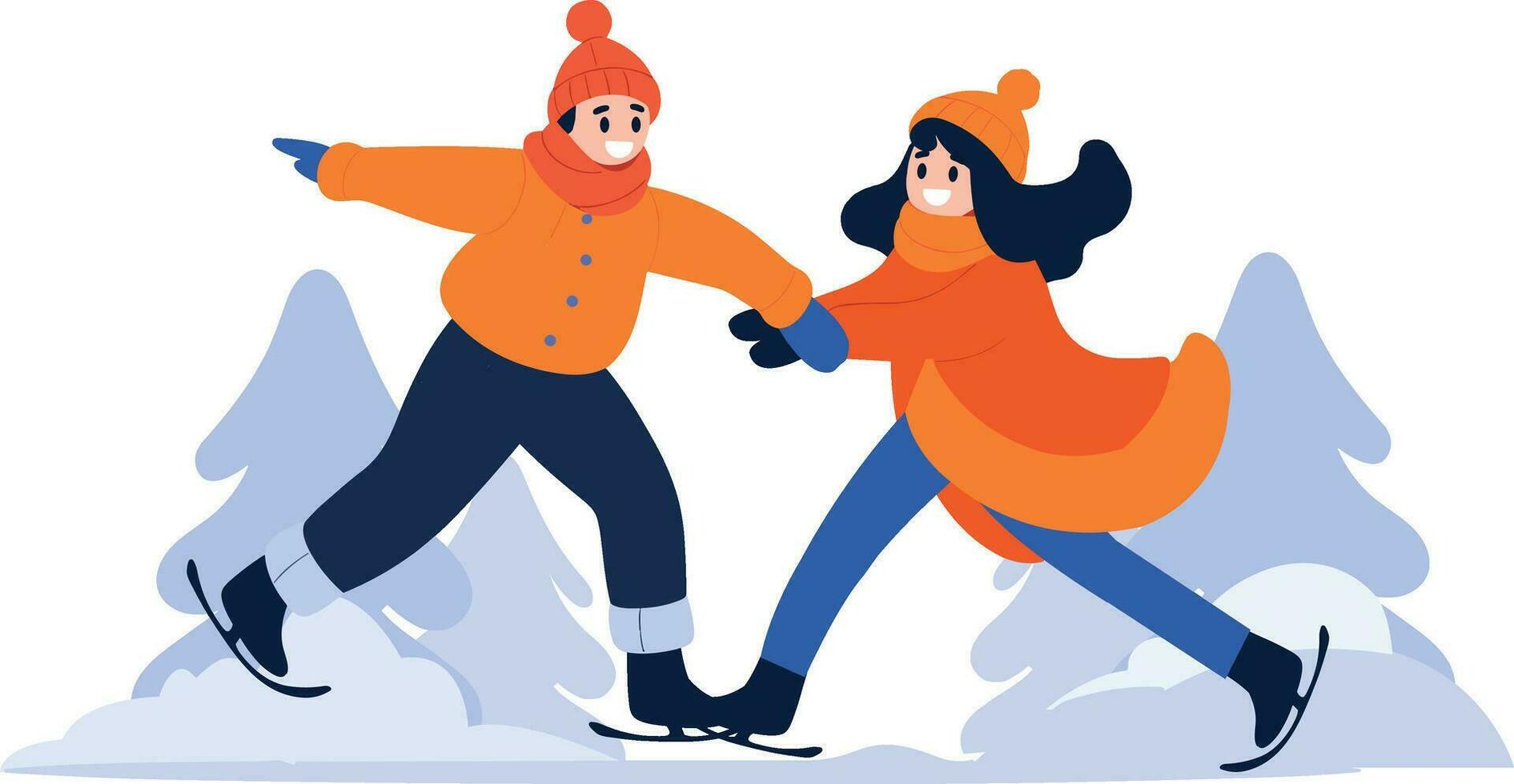 Hand Drawn couple character playing ice skating in winter in flat style vector