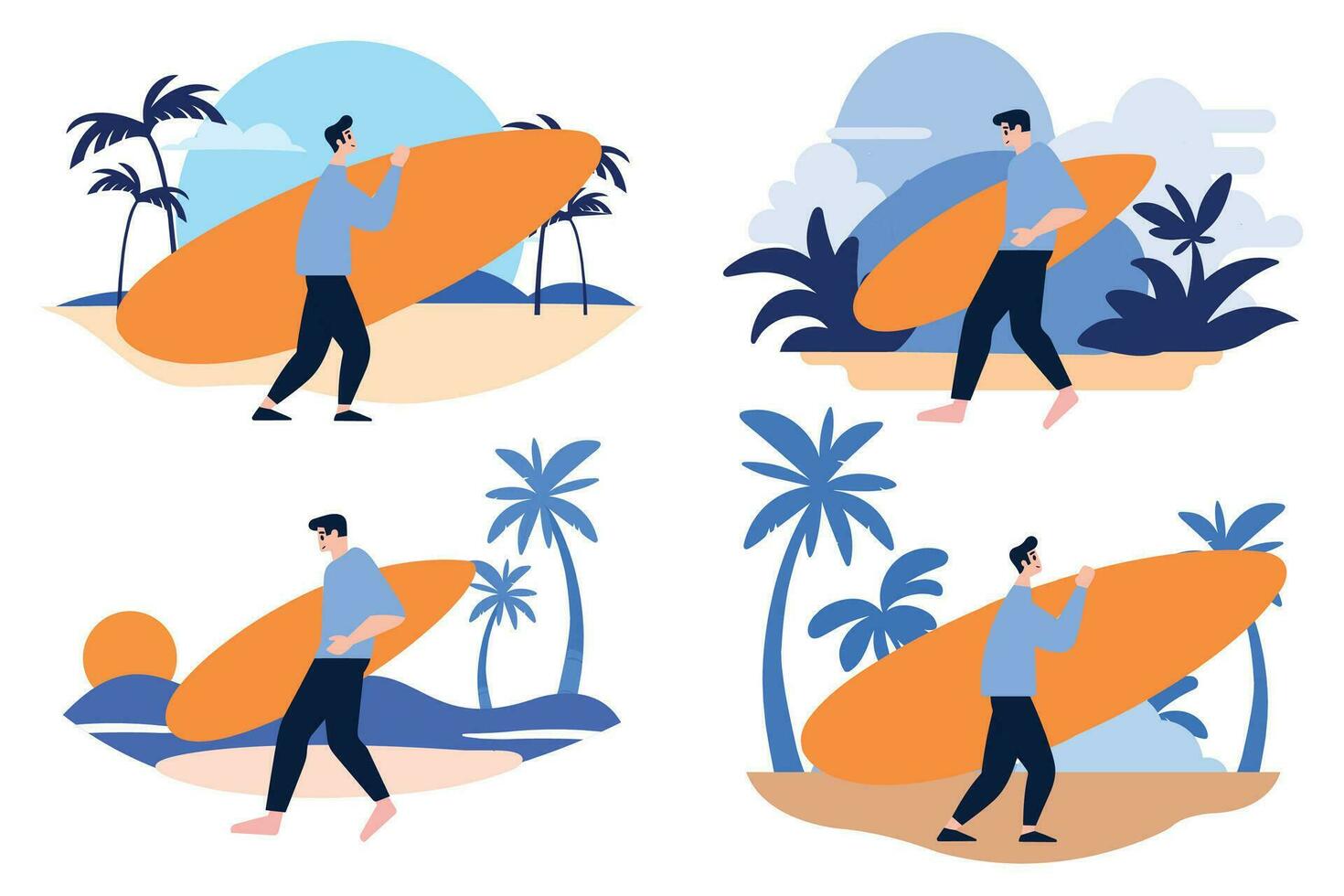 Hand Drawn Tourist teen characters are playing surfboards at the sea in flat style vector