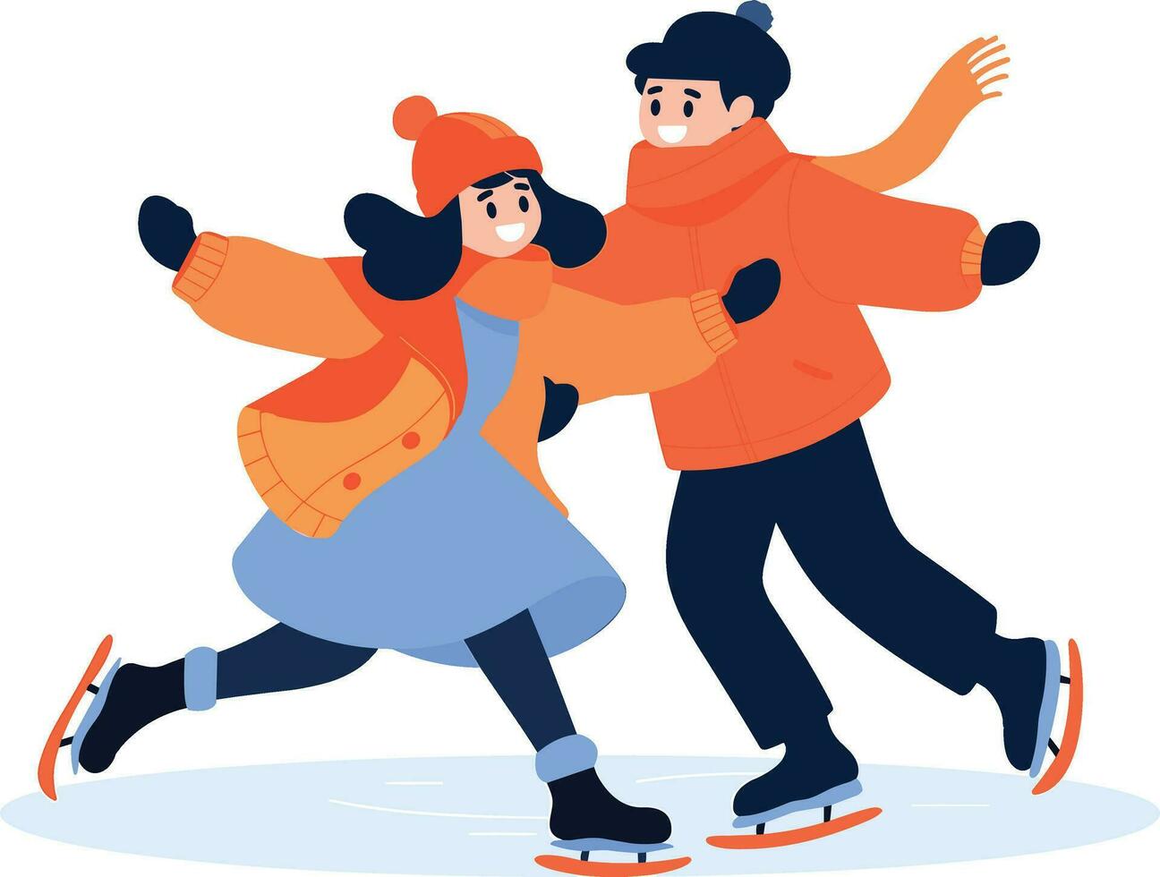Hand Drawn couple character playing ice skating in winter in flat style vector