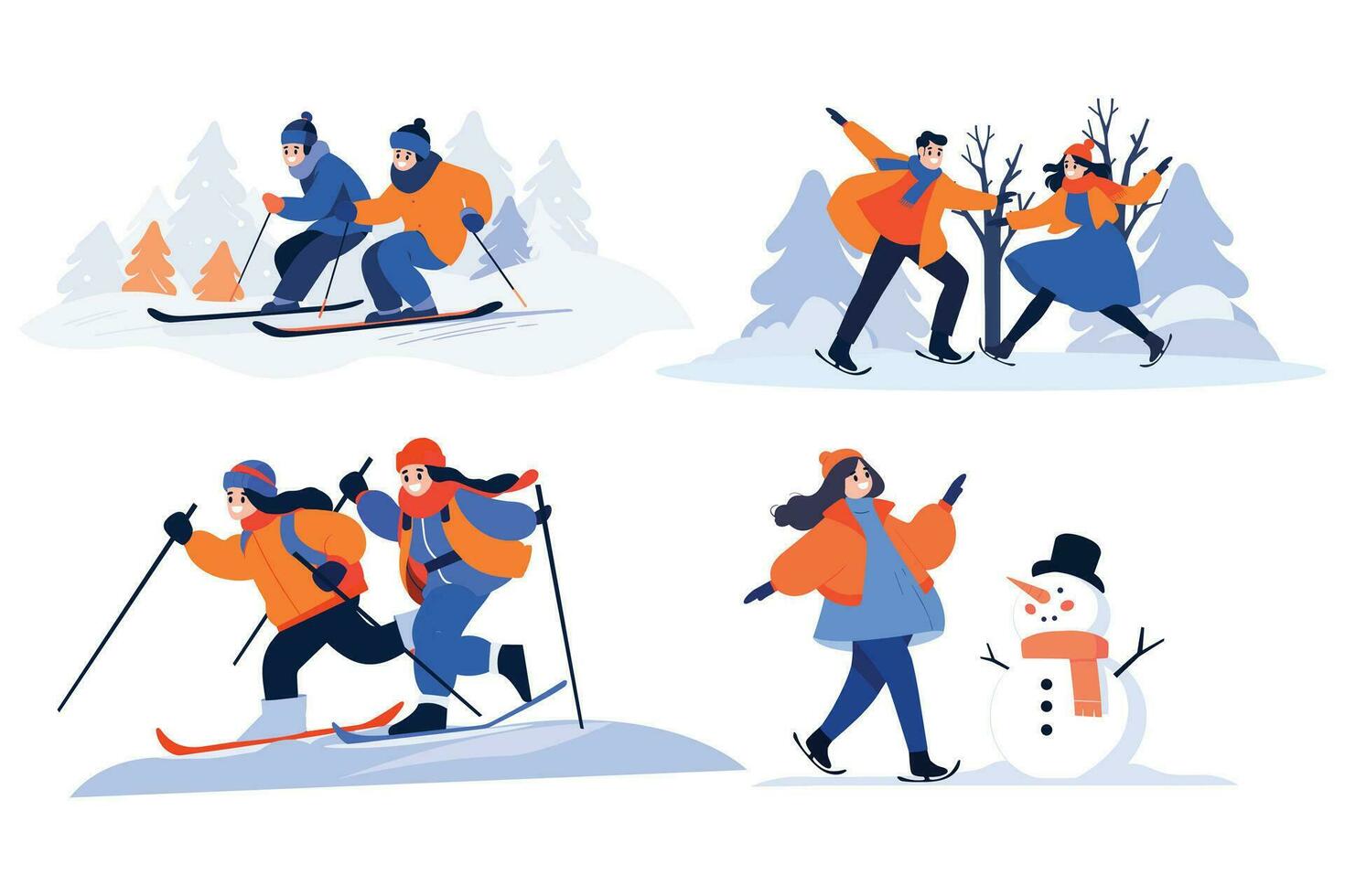 Hand Drawn couple character playing ice skating in winter in flat style vector
