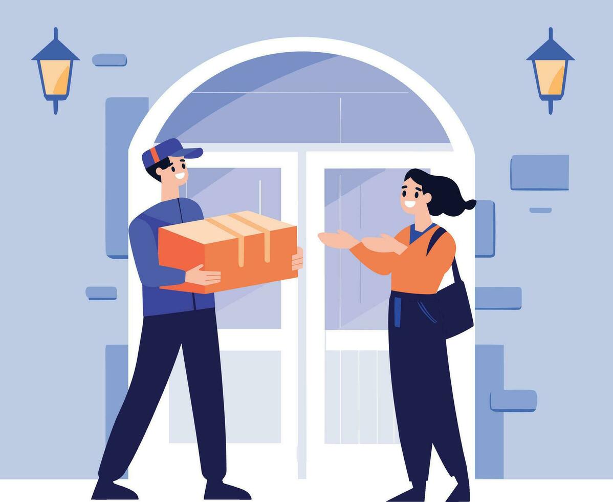 Hand Drawn a delivery man is delivering a package to a customer in flat style vector