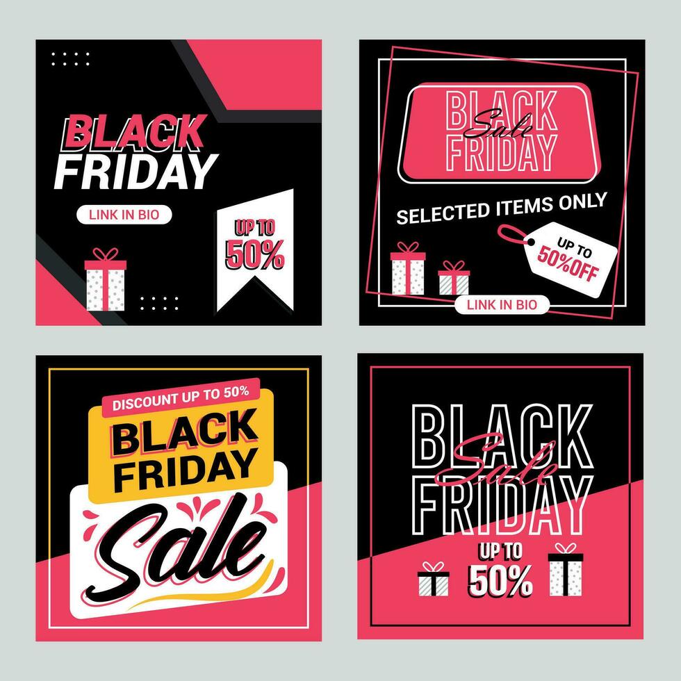 flat black friday instagram posts collection, Instagram post, sale social media banner template with black background vector