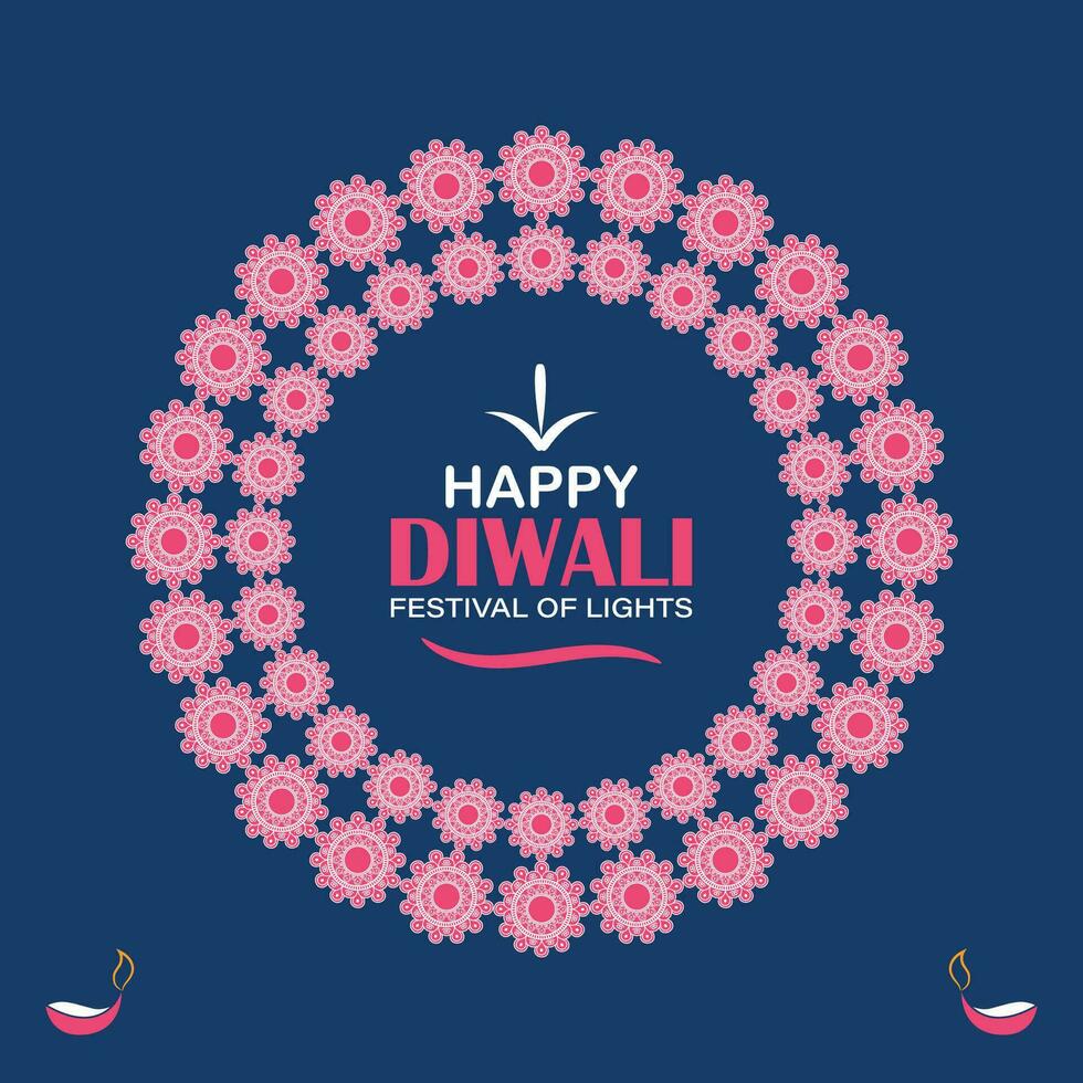 Happy Diwali, festival of lights, Paper Graphic of Indian Rangoli, golden lights, colorful decorative background, Blue magenta background vector