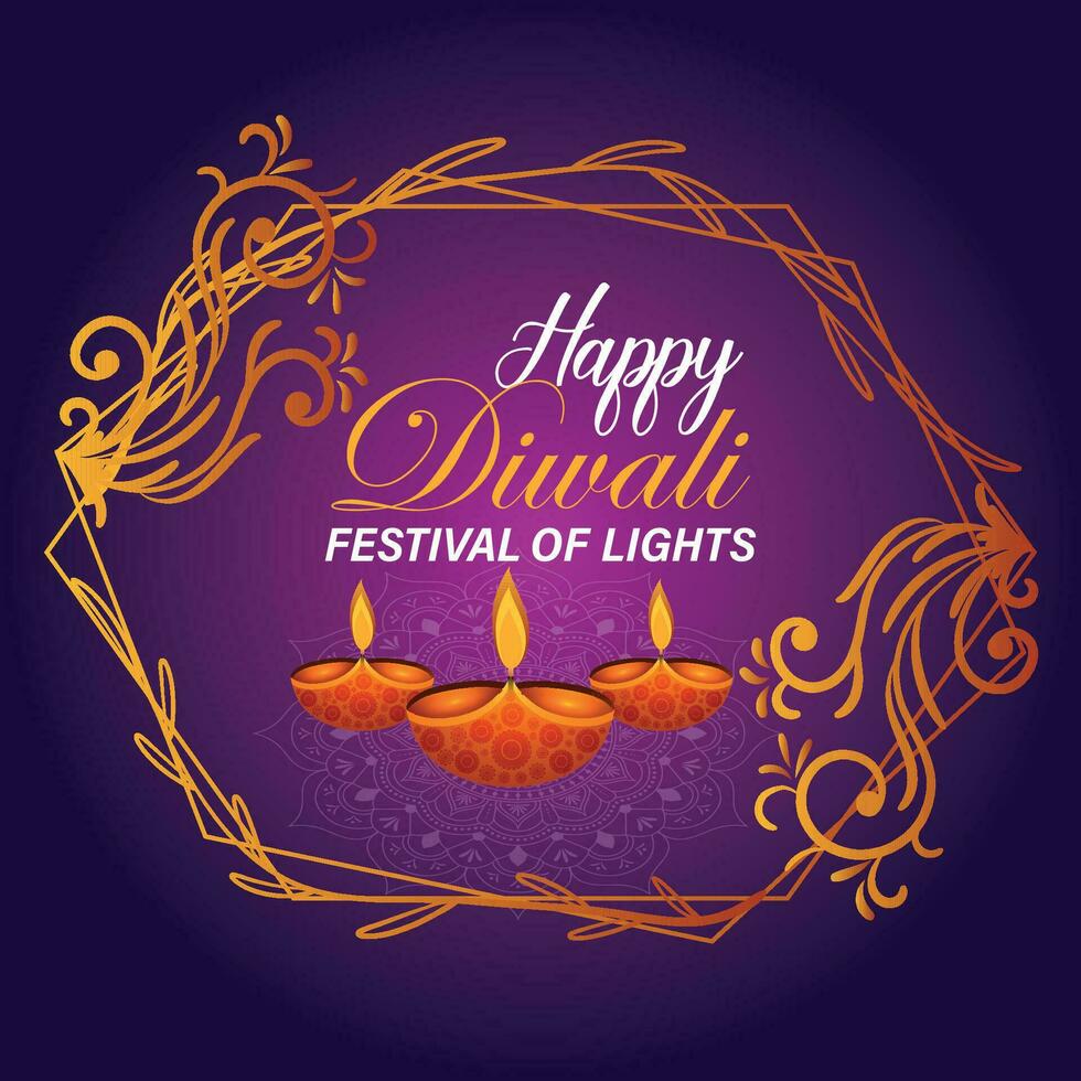 Happy Diwali, festival of lights, Paper Graphic of Indian Rangoli, golden lights, colorful decorative background, Blue magenta background vector
