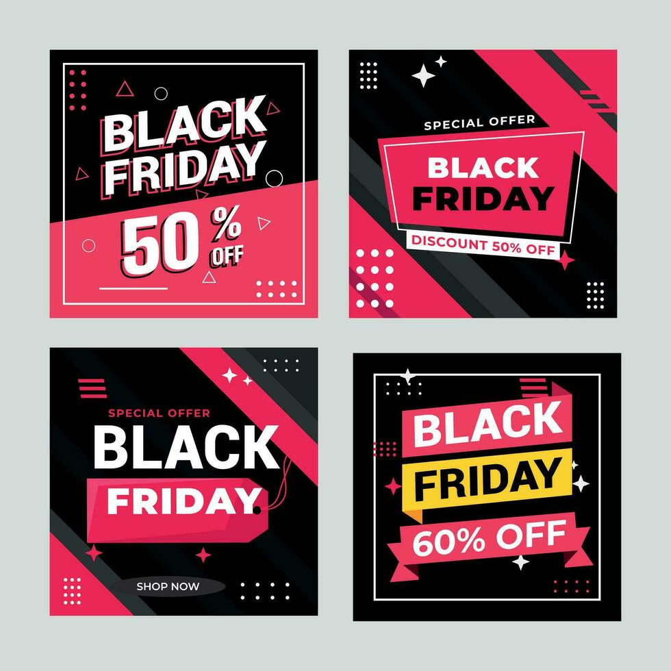 flat black friday instagram posts collection, Instagram post, sale social media banner template with black background vector