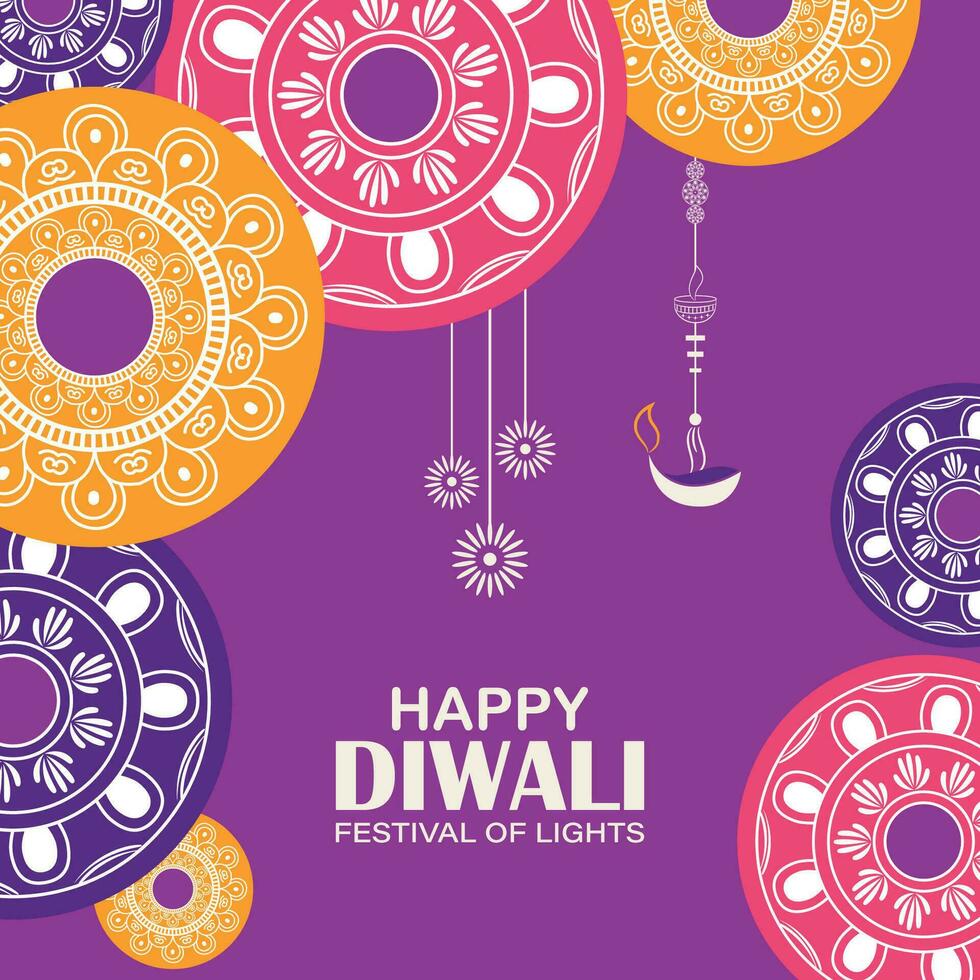 Happy Diwali, festival of lights, Paper Graphic of Indian Rangoli, golden lights, colorful decorative background, Blue magenta background vector