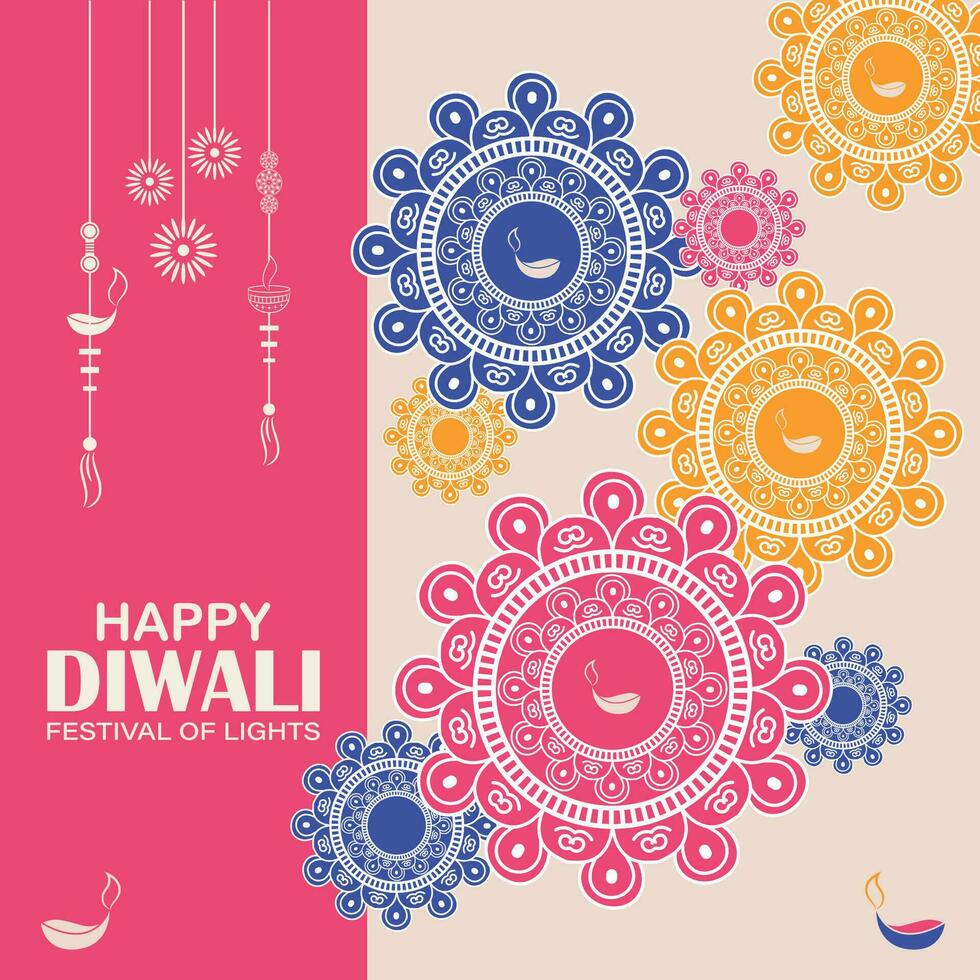 Happy Diwali, festival of lights, Paper Graphic of Indian Rangoli, golden lights, colorful decorative background, Blue magenta background vector