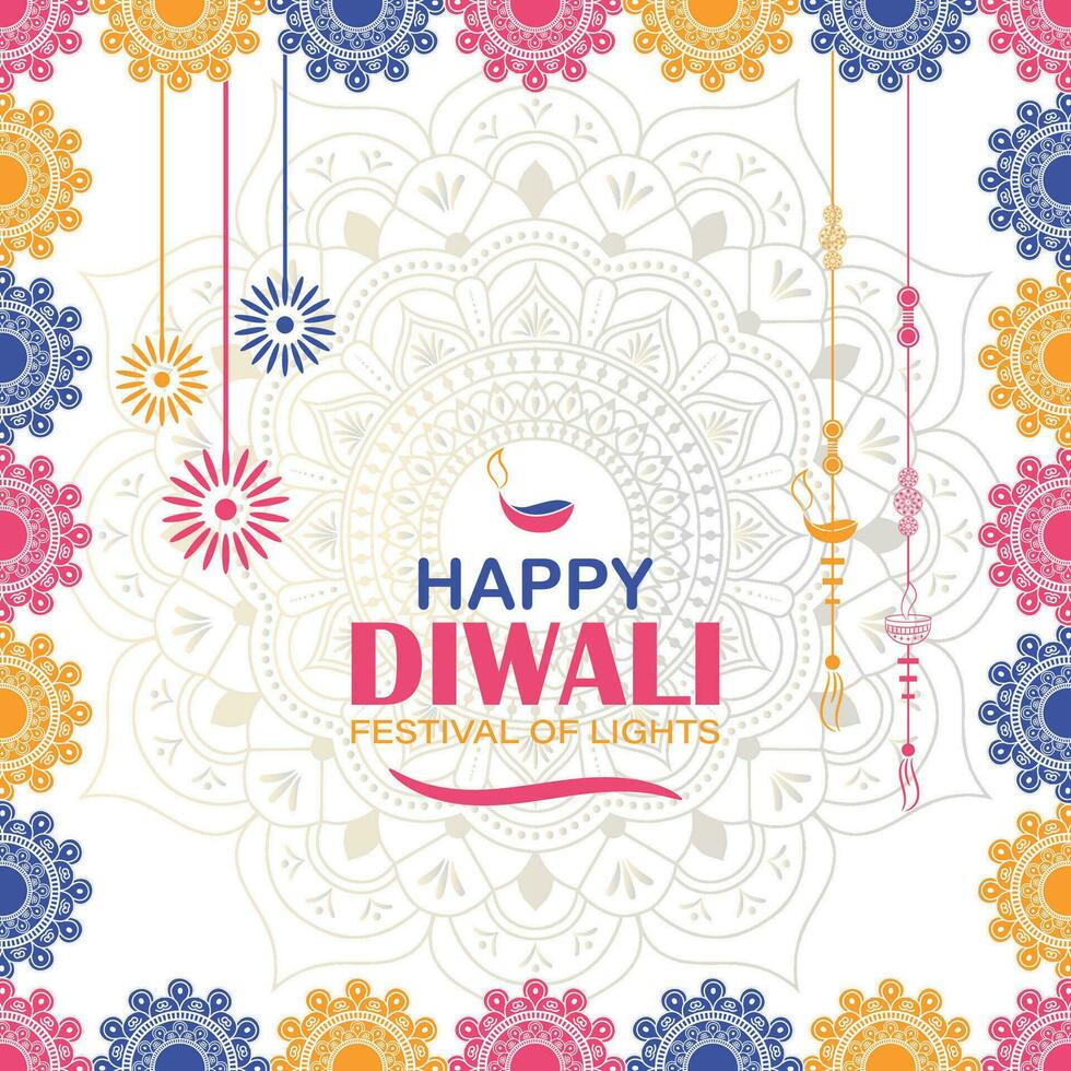 Happy Diwali, festival of lights, Paper Graphic of Indian Rangoli, golden lights, colorful decorative background, Blue magenta background vector