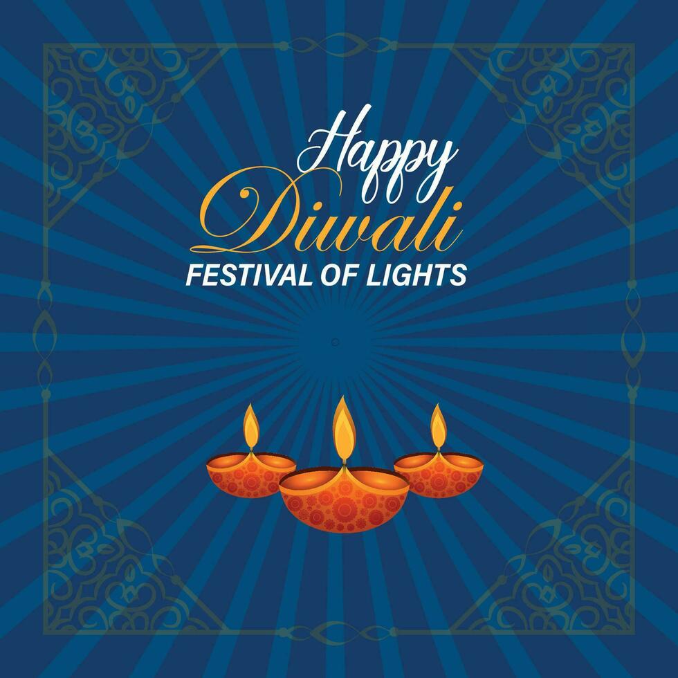 Happy Diwali, festival of lights, Paper Graphic of Indian Rangoli, golden lights, colorful decorative background, Blue magenta background vector