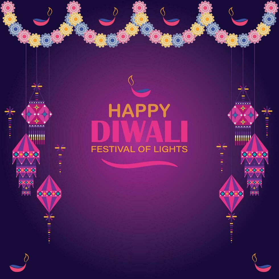 Happy Diwali, festival of lights, Paper Graphic of Indian Rangoli, golden lights, colorful decorative background, Blue magenta background vector