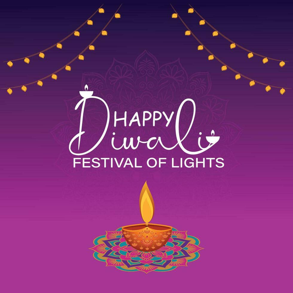 Happy Diwali, festival of lights, Paper Graphic of Indian Rangoli, golden lights, colorful decorative background, Blue magenta background vector