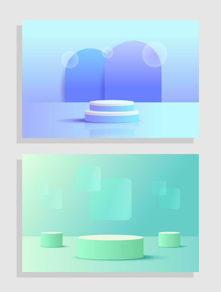 Set purple blue green 3d object cylinder pedestal podium display gradient color minimal scene modern vector