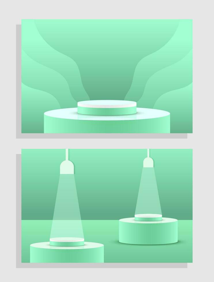 Set of green white 3d object cylinder pedestal podium display gradient color minimal scene showroom vector