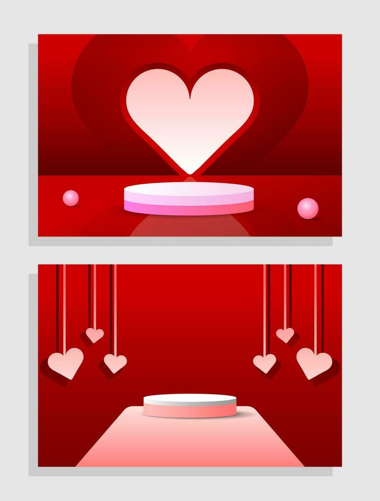 Set red pink love 3d object cylinder pedestal podium display gradient color minimal scene showroom vector