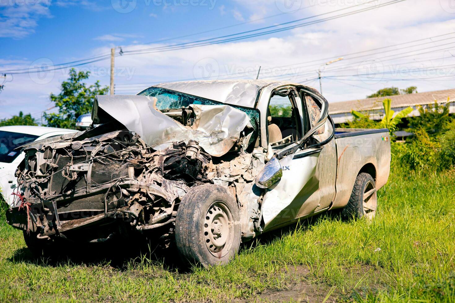 The front of the car was damaged and broken in a road accident, so the car could not be driven further. photo