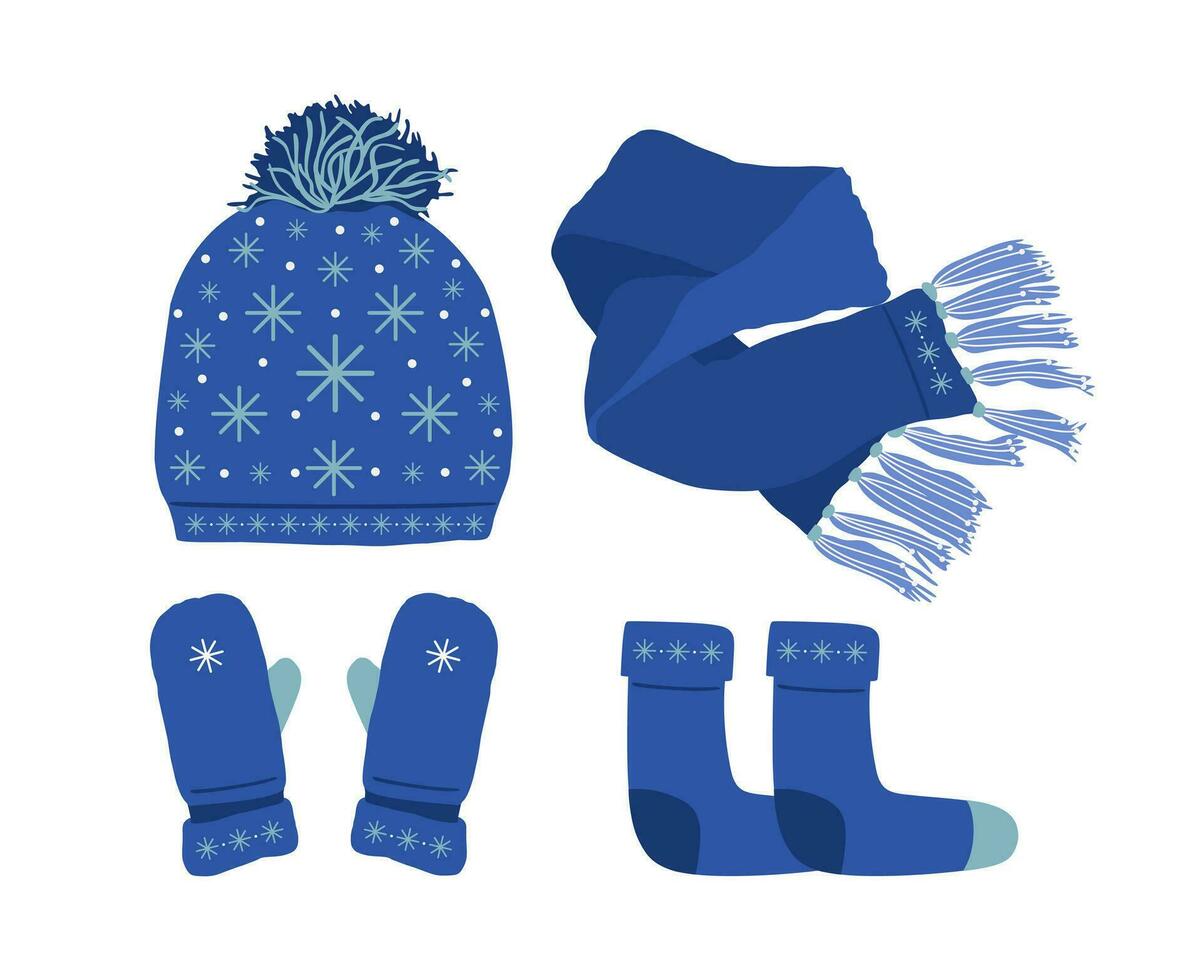 azul sombrero con un pompón, bufanda, calcetines y mitón conjunto de punto estacional invierno tradicional accesorios con copos de nieve. vector