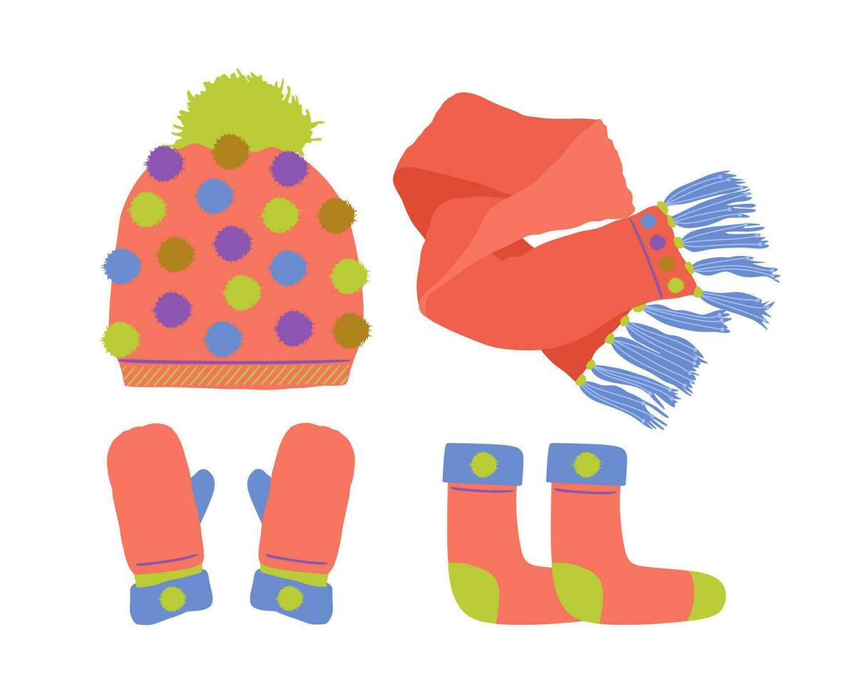 Orange Hat with a Pompom, Scarf, socks and Mitten Set Knitted Seasonal Winter Traditional Accessories with Ornament vector
