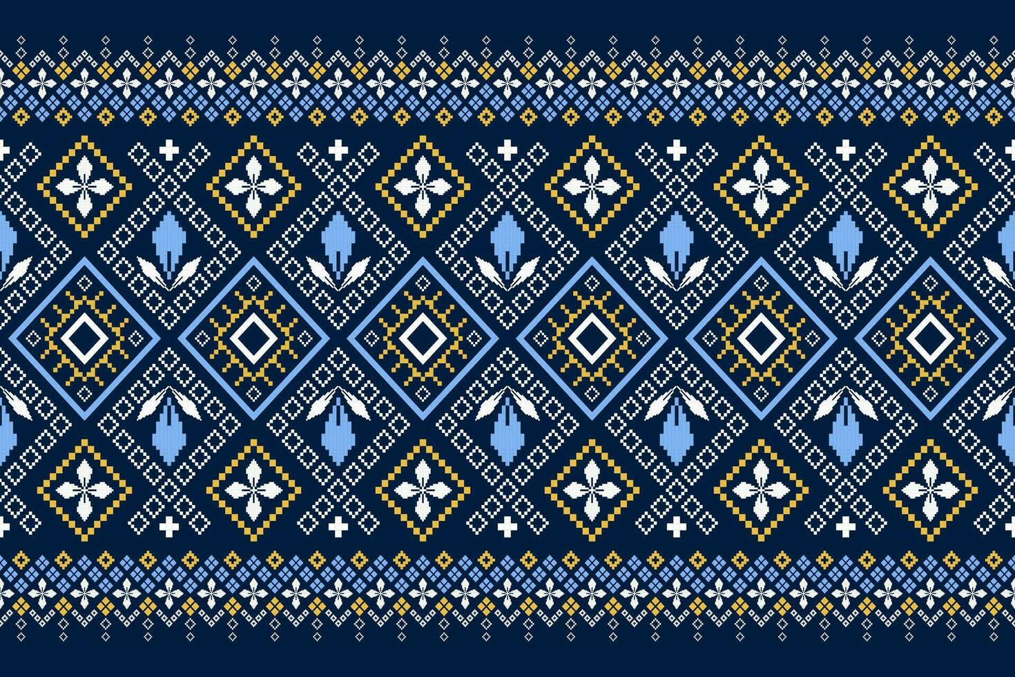 Indigo navy blue geometric traditional ethnic pattern Ikat seamless pattern border abstract design for fabric print cloth dress carpet curtains and sarong Aztec African Indian Indonesian vector