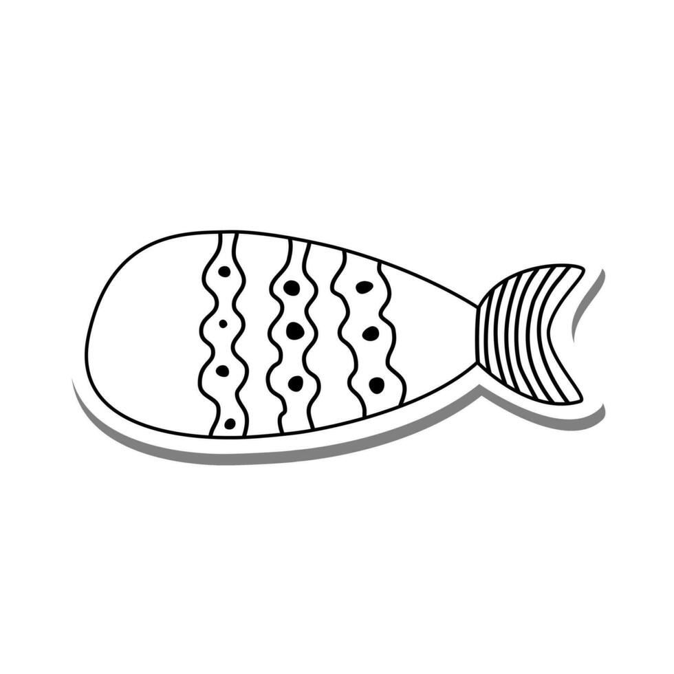 Cute cartoon Boho Fish on white silhouette and gray shadow. Vector illustration about animal fancy.