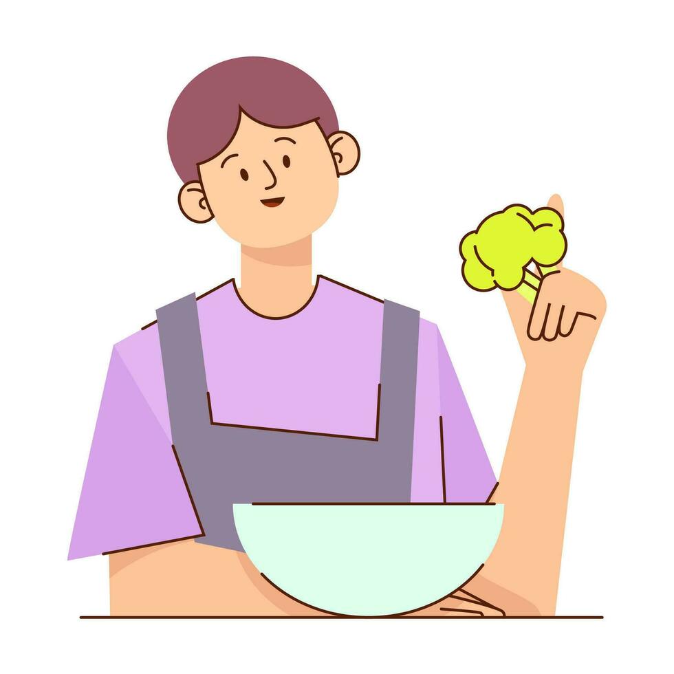 Minimalistic young vegetarian man with bowl and broccoli in hand vector