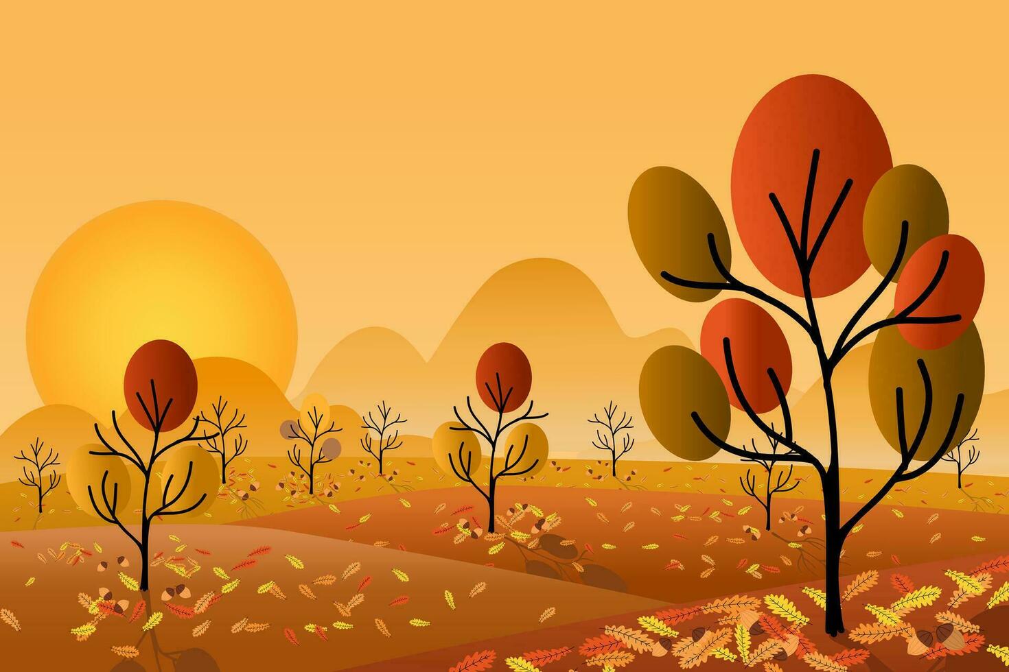 Autumn Landscape sunset rural scene with leaves. Vector illustration. Cartoon background.