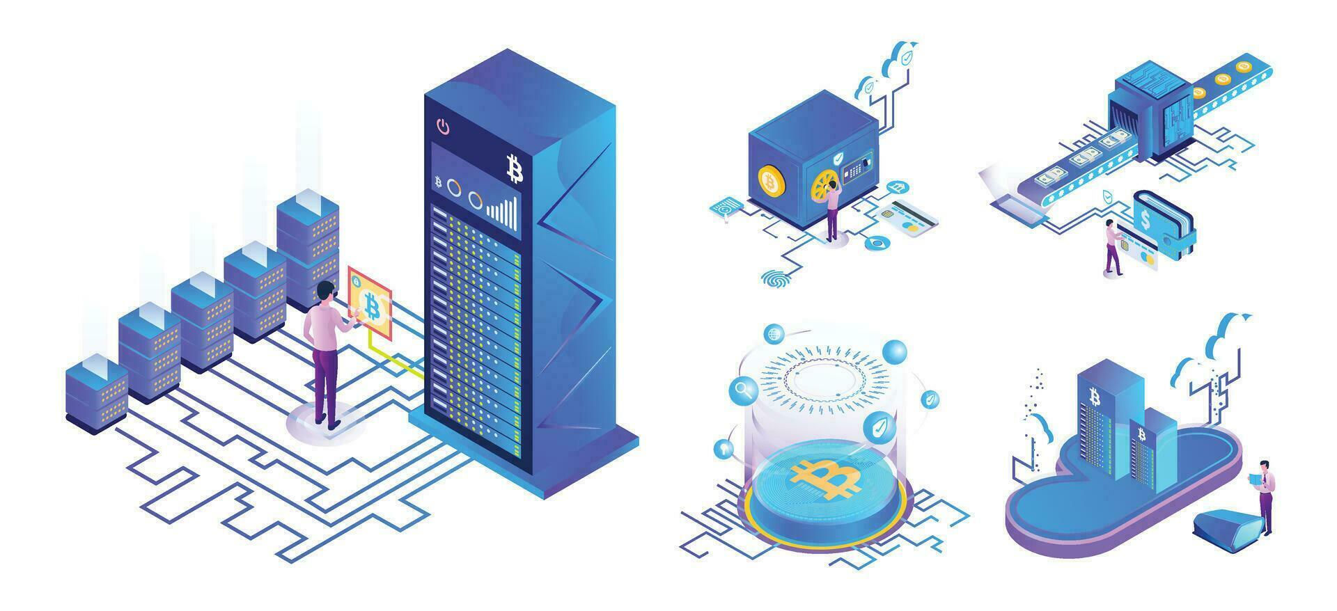 Isometric Bitcoin Cloud Services, Cryptocurrency Safe Storage, Make Money vector