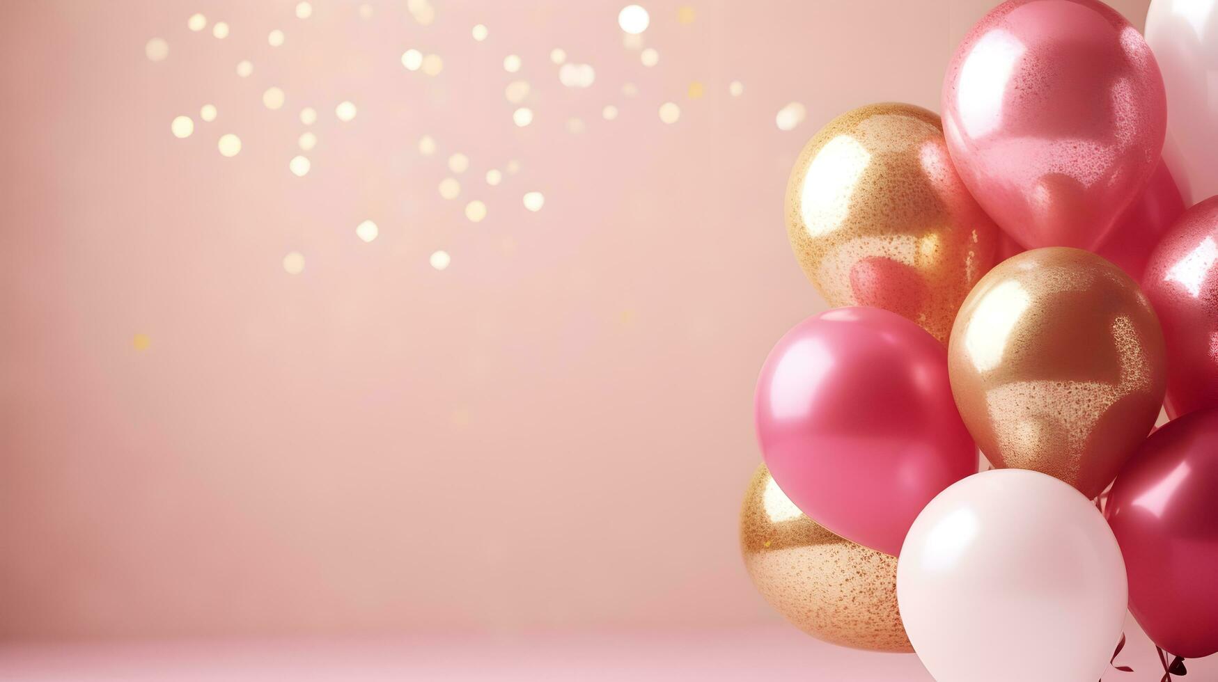 bouquets of gold and pink helium balloons on pink background, AI Generative photo