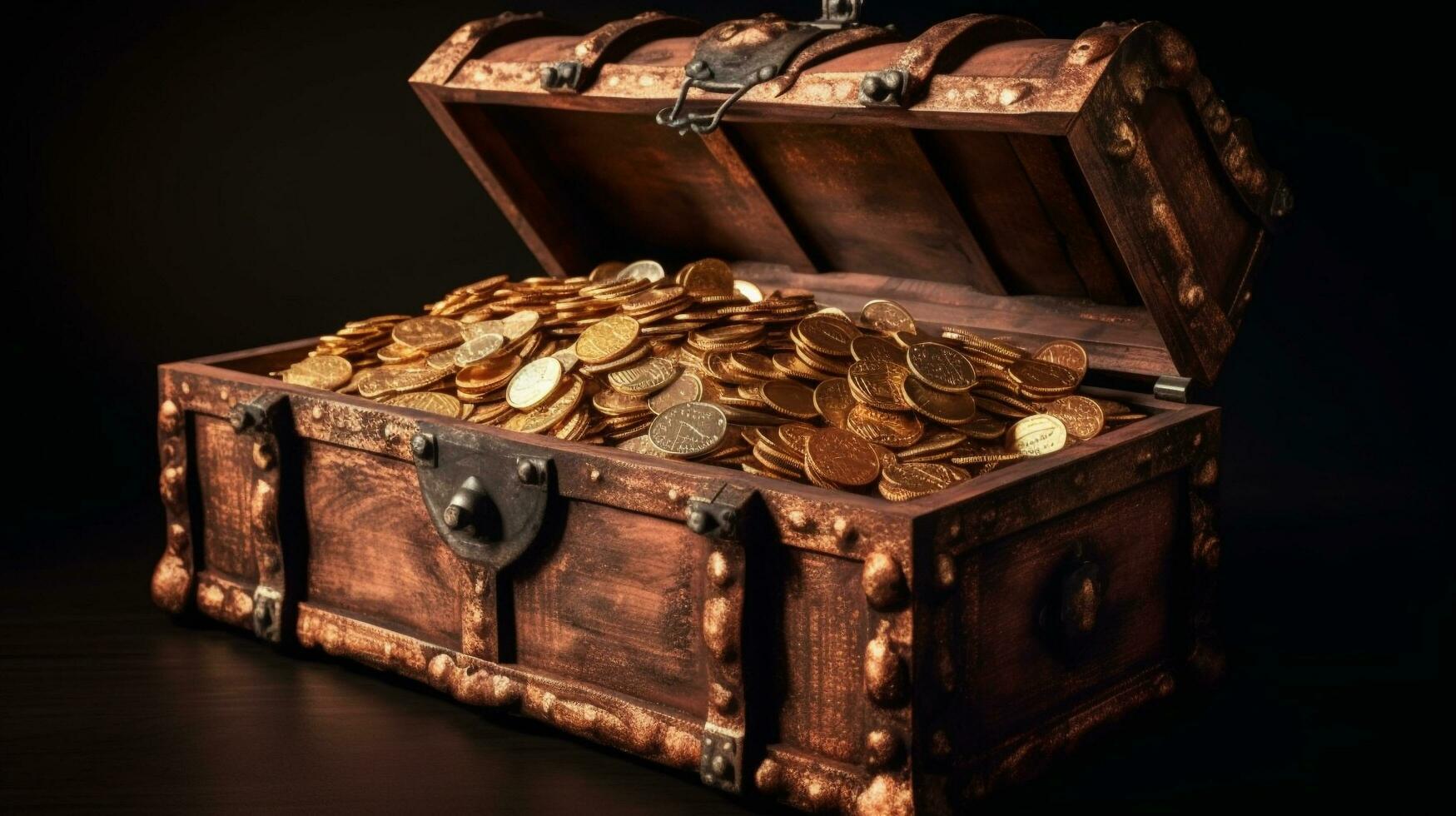 Vintage treasure chest full of gold coins, AI Generative photo