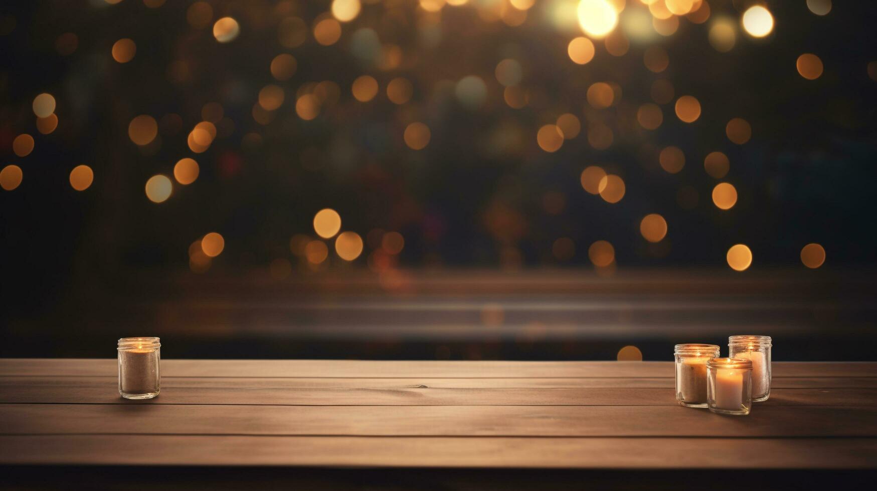 Wooden table with bokeh lights for product display background, AI Generative photo