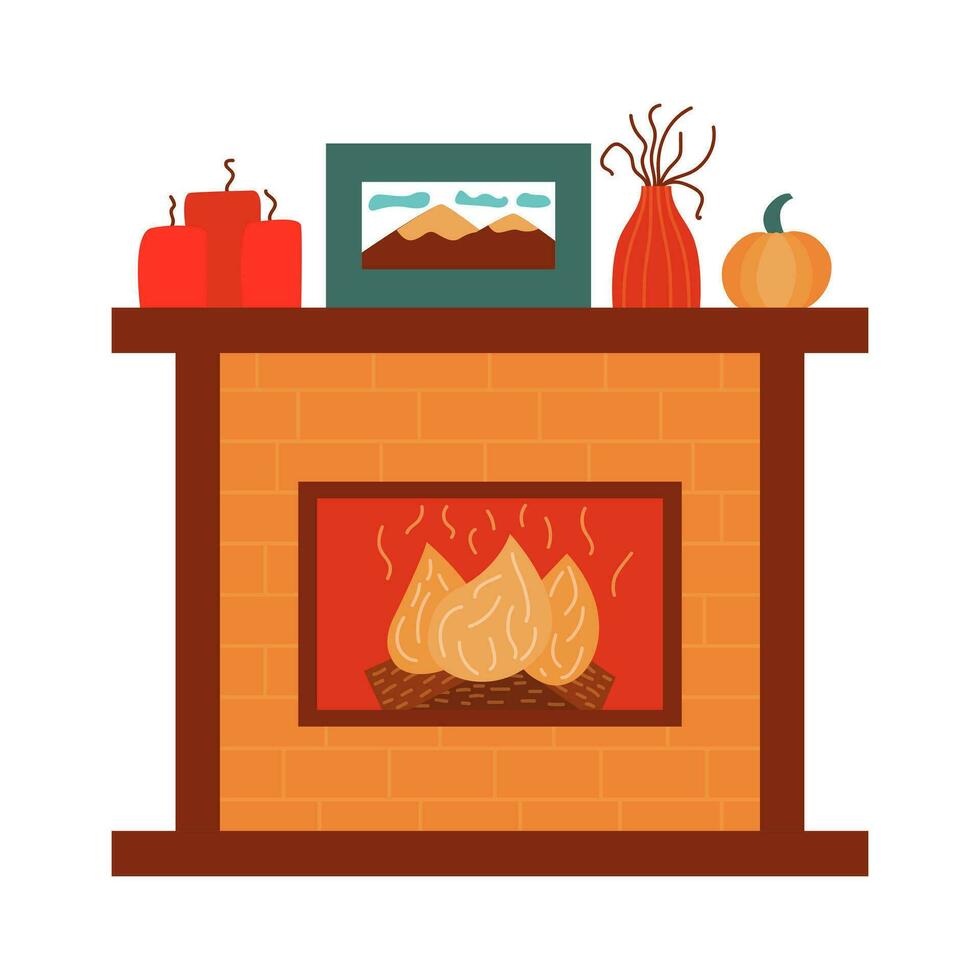 Cozy fire place with home decor vector illustration. Flat fire place interior design.