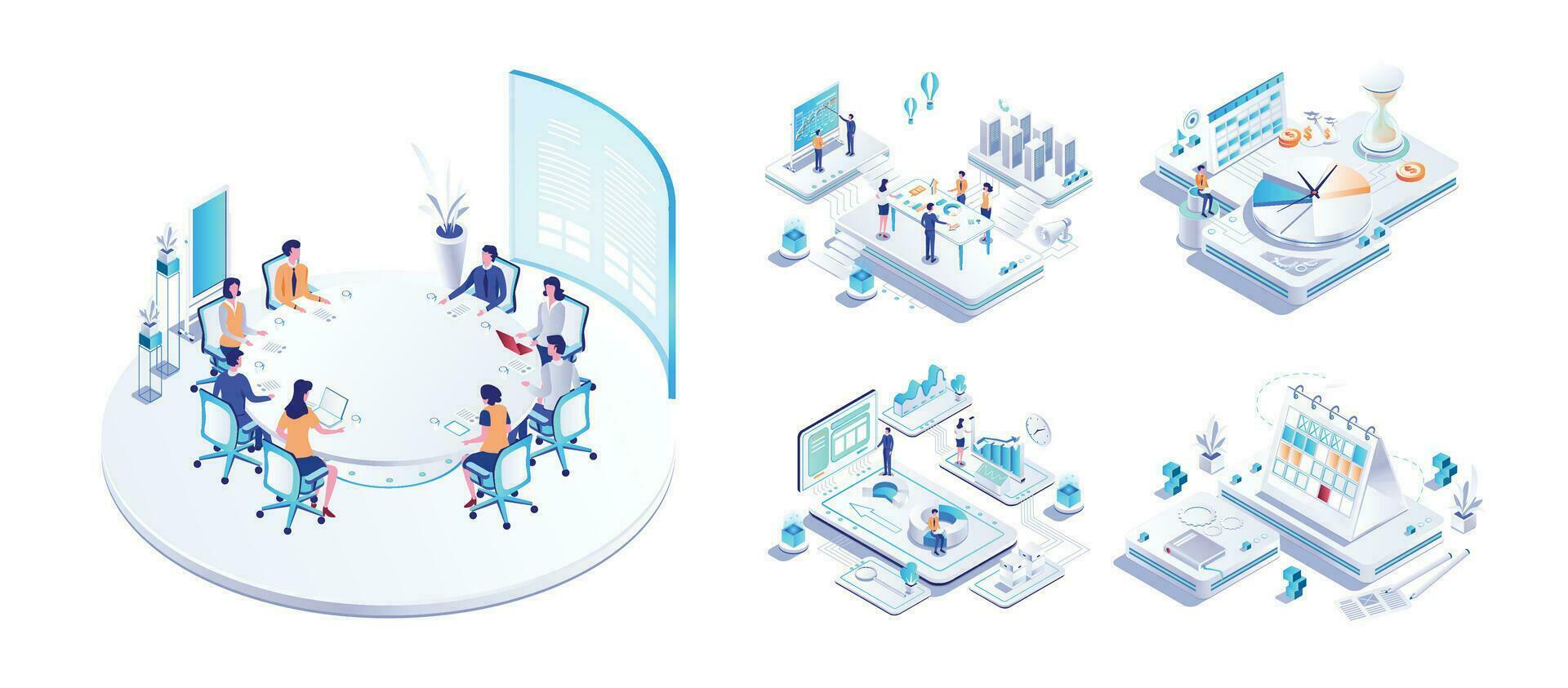 Isometric Business, Analysis , Meeting, Time Management, Planning, Strategy. vector