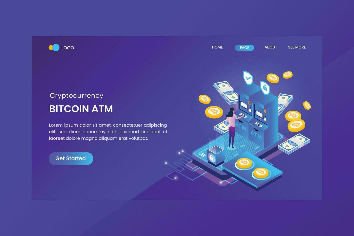 ATM Bitcoin Analysis Landing Page Template vector