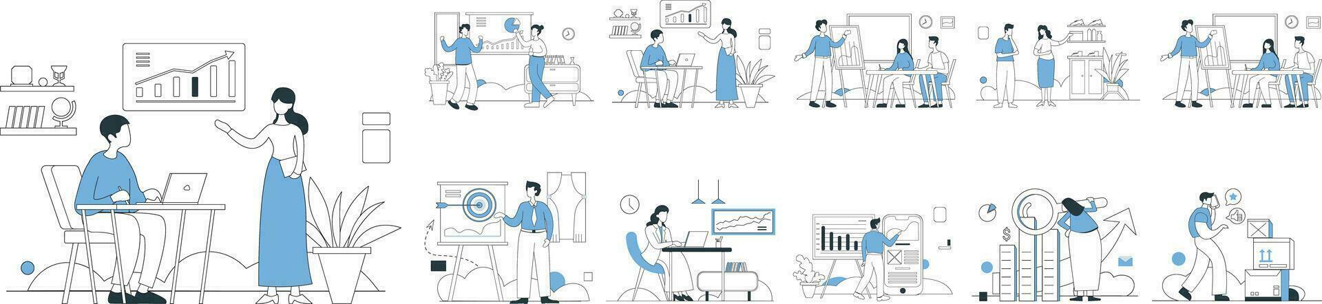 Business concepts of analytics, planning, marketing research, work communication, goal settings. People launching projects, studying reports. Flat vector illustrations