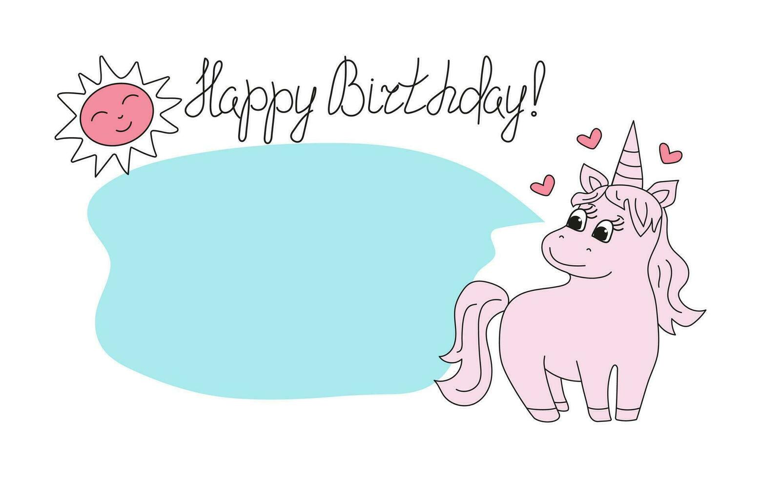 Cute unicorn, pony, fantasy animal. Birthday. Children's holiday, magical doodles. Postcard, banner. Congratulations, calligraphy inscription. Place for text. Drawing, sketch. Vector illustration.