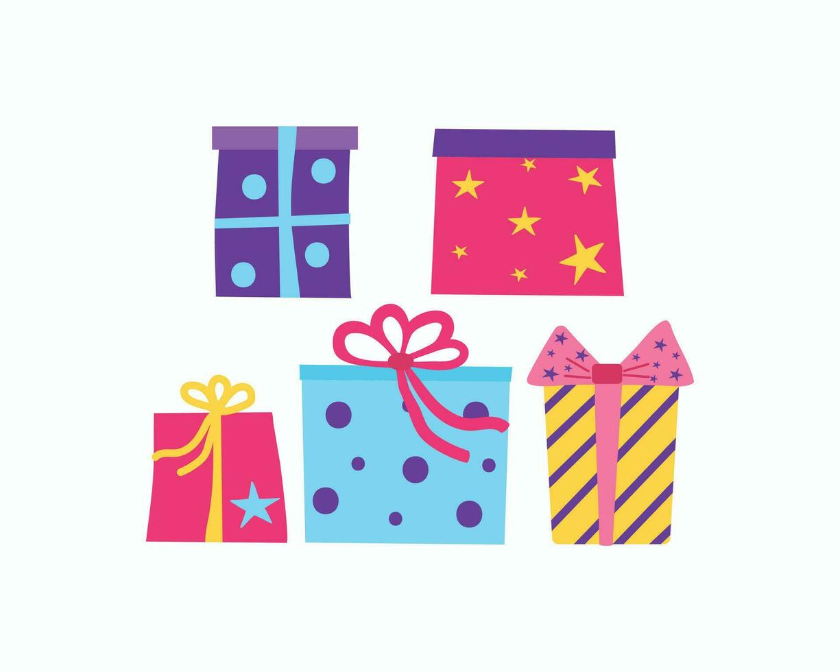 regalos en cajas garabatear dibujo. un conjunto de regalos, opciones, variedad. fiesta decoración. nuevo año, Navidad, cumpleaños. vector ilustración, antecedentes aislado.