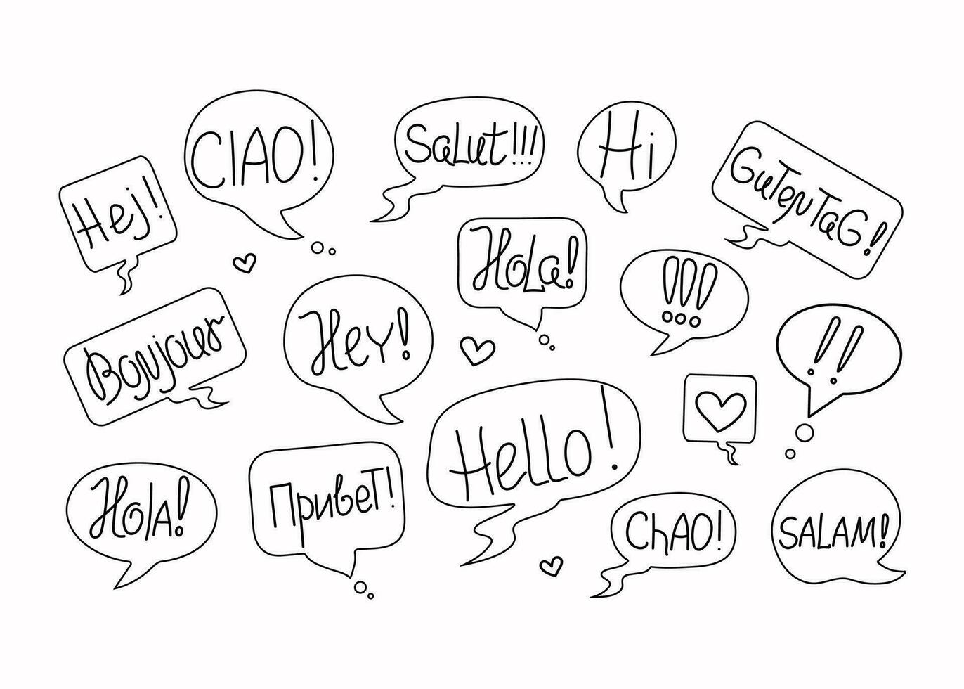 Short phrases in different languages, greetings. Information forms, speech bubbles. World Hello Day. November 21. Funny vector banner, Calligraphy lettering, words. Talk, communicate, social media.