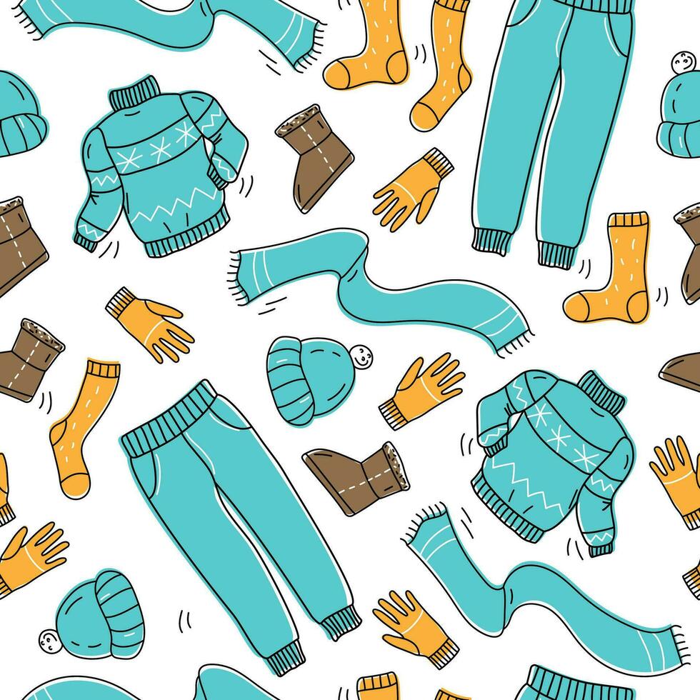 A collection of warm, cozy clothes and shoes. Seamless pattern. Cold season autumn, winter. Vector illustration in doodle style.