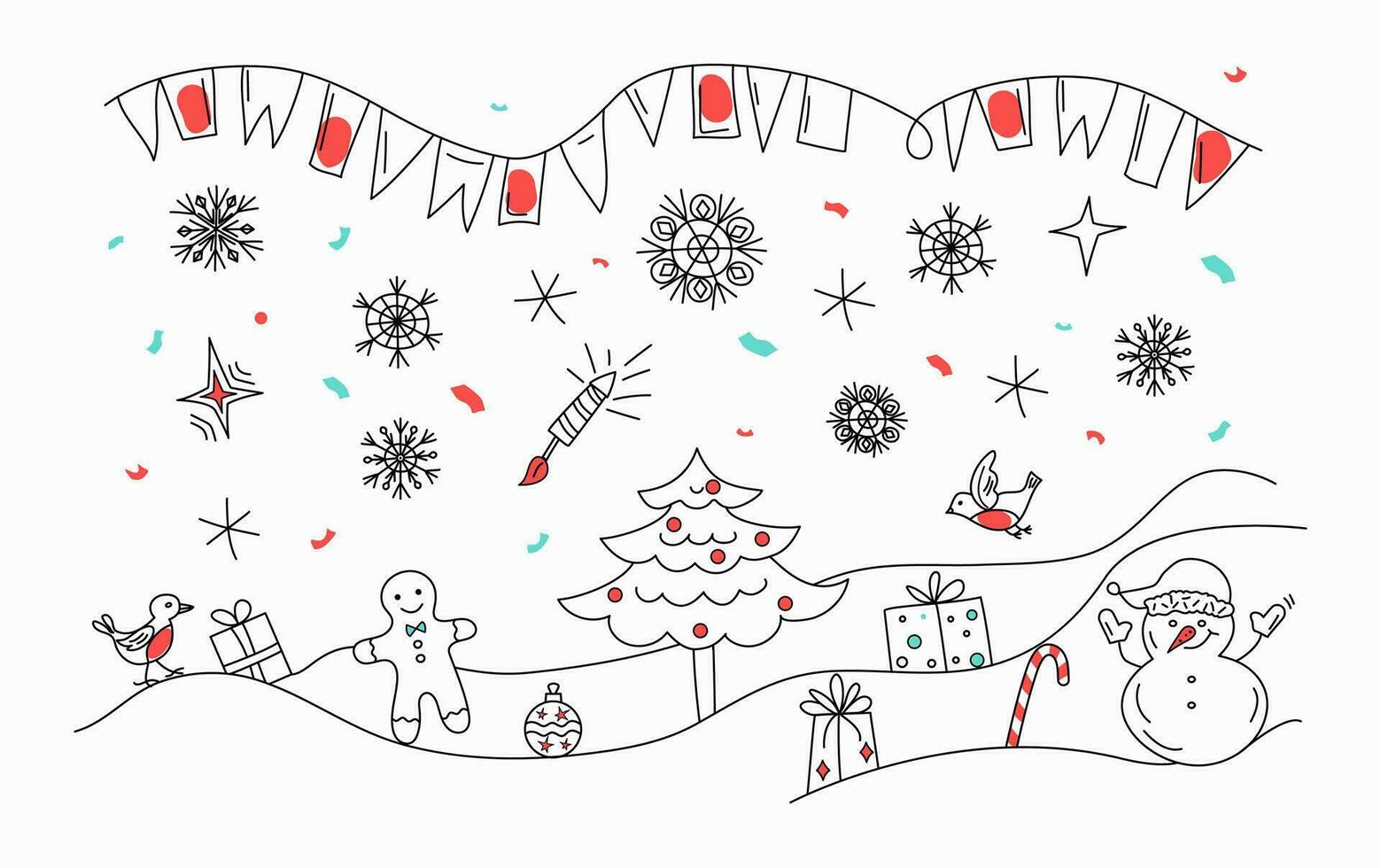 Navidad, nuevo año. banderas y papel picado. Navidad árbol, muñeco de nieve, regalos en el nieve. aves, copos de nieve, estrellas. lineal íconos en garabatear estilo, mano dibujado. diseño para fiesta invitación, saludo tarjeta. vector