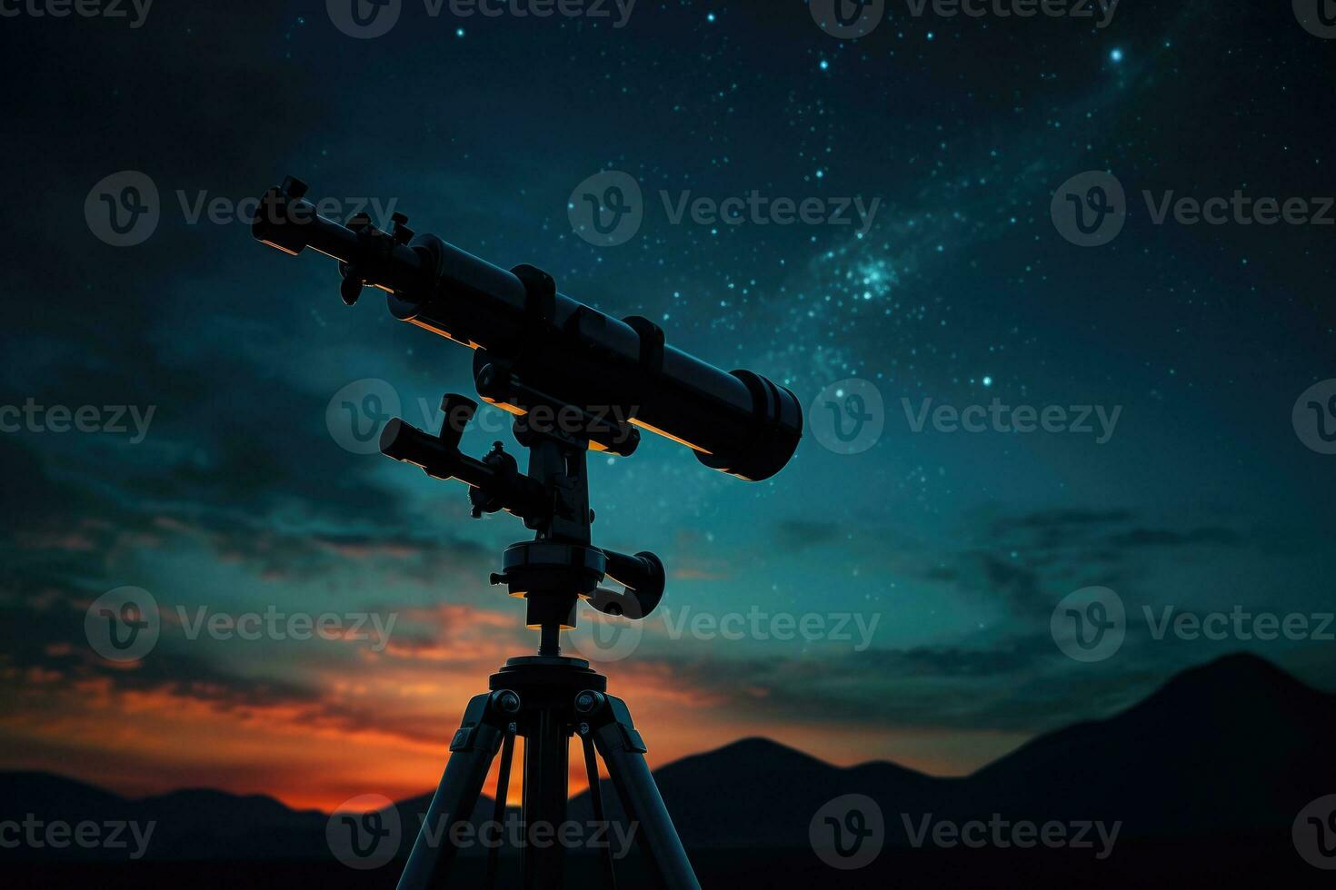 Telescope silhouette against night sky background. Generative AI photo