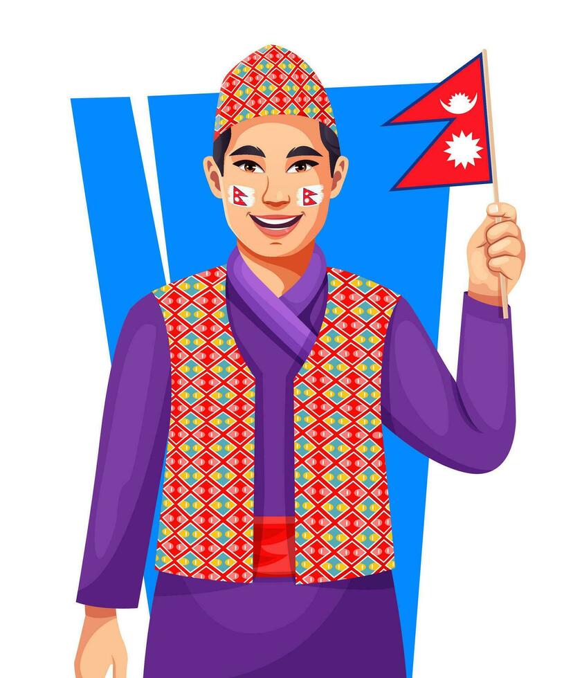 Happy Patriotic Day Nepali boy holding the Nepal flag and painted flag on his face. Stock vector for Nepal Republic or Independence Day