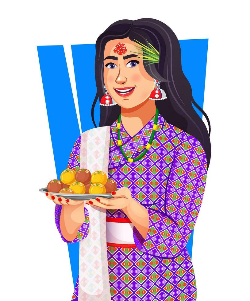 Nepali girl celebrating Dashain with Tika and Jamara. Girl In traditional Nepali attire holds sweets on plate vector