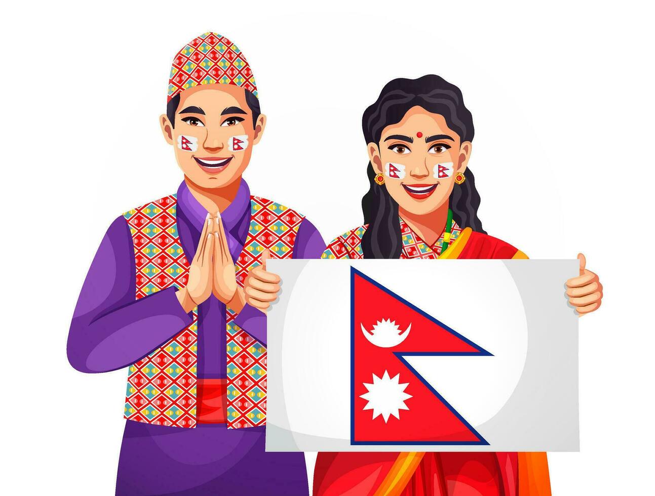 Nepalese couple in traditional dress showing the Nepal flag, celebrating Independence or Republic Day vector