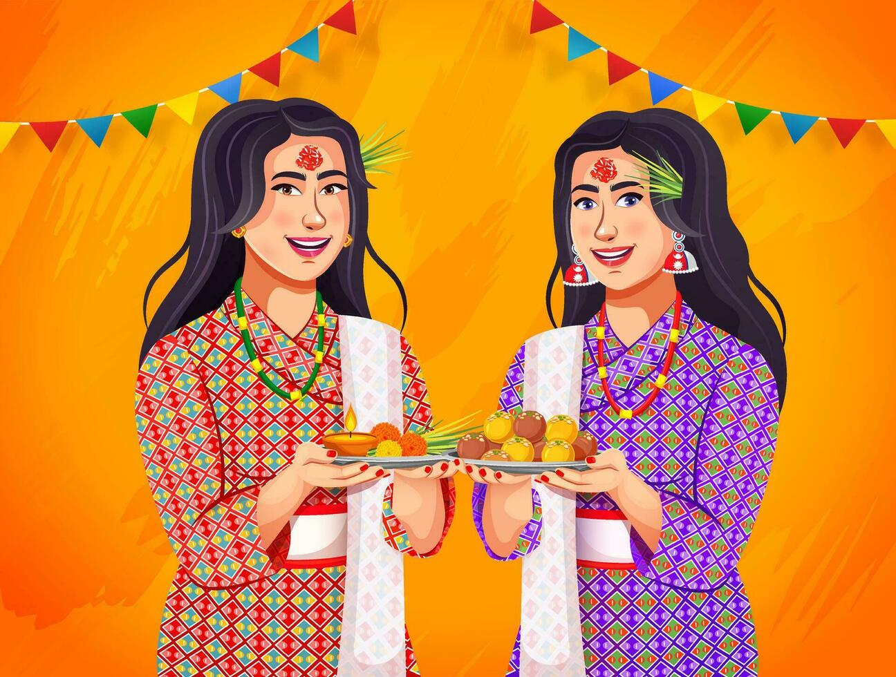 illustration of smiling Nepali people celebrating Vijayadashami festival of Nepal. Vector character design for Dashain Festival celebration