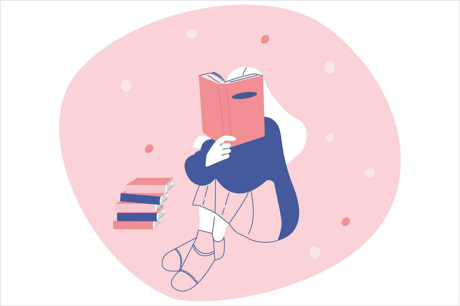 un mujer es sentado en el piso, leyendo un libro en detalle. el concepto de distancia aprendiendo, ganador y autoeducación. plano dibujos animados estilo vector ilustración.