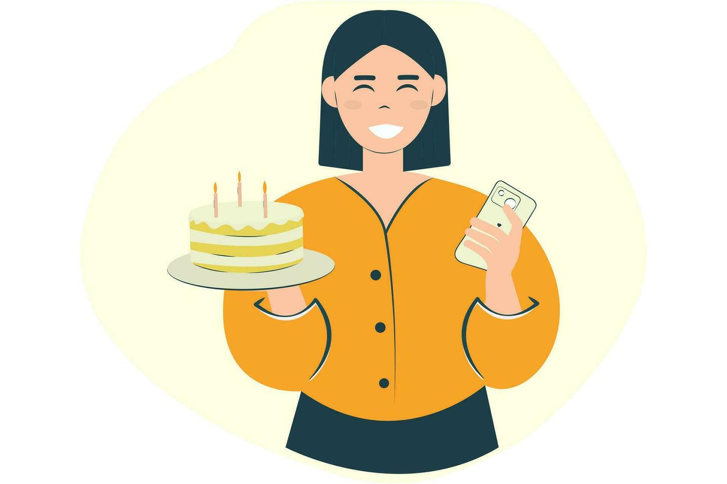 Happy young woman holding cake with candles using mobile mobile phone, isolated on plain background. Birthday concept vector