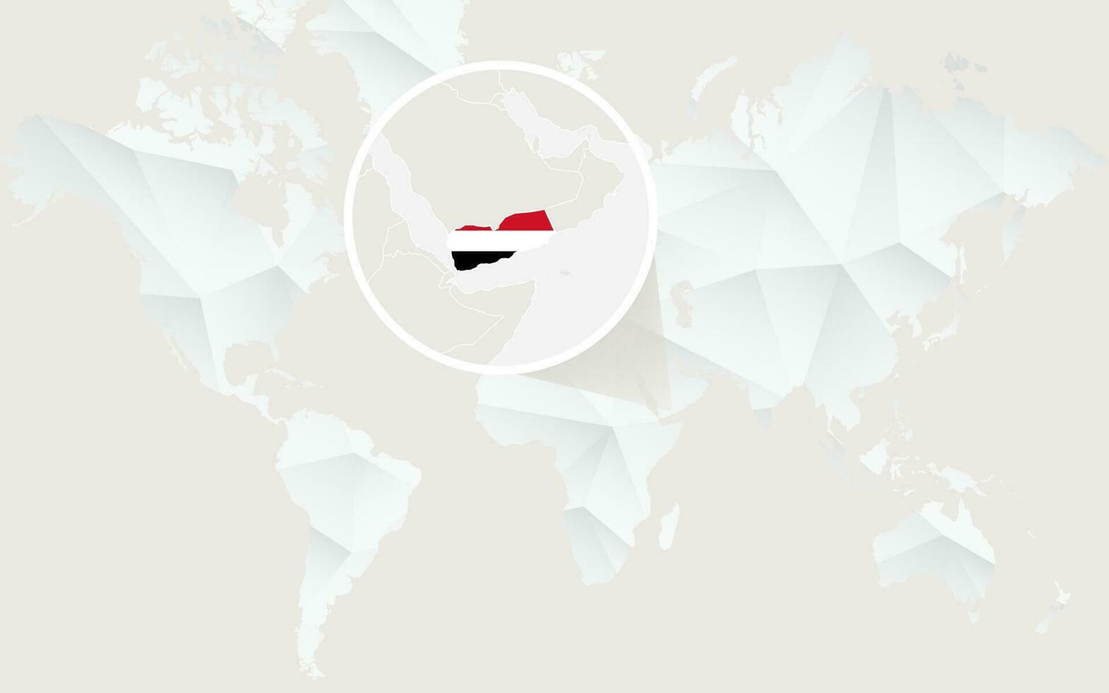 Yemen mapa con bandera en contorno en blanco poligonal mundo mapa. vector