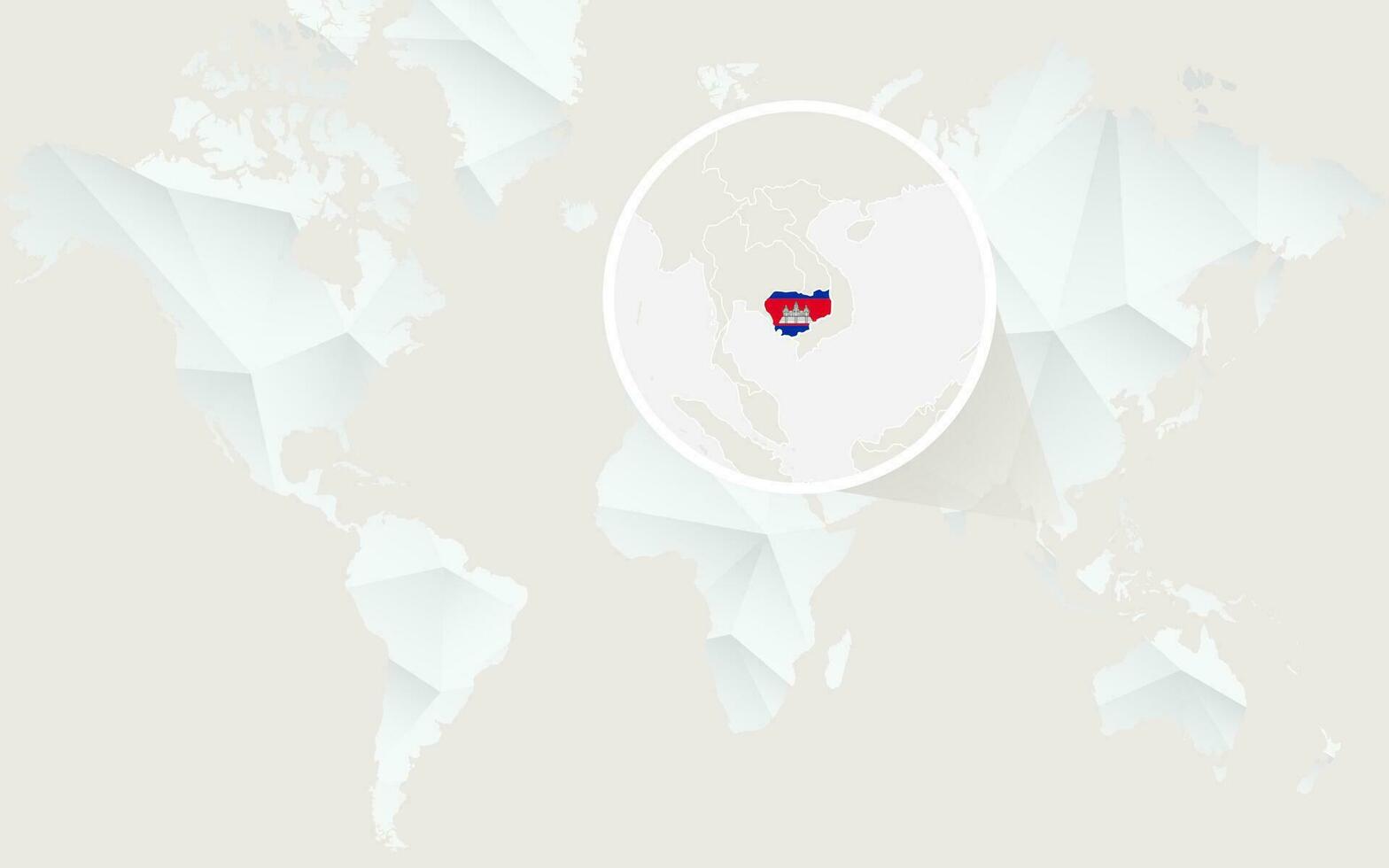 Cambodia map with flag in contour on white polygonal World Map. vector